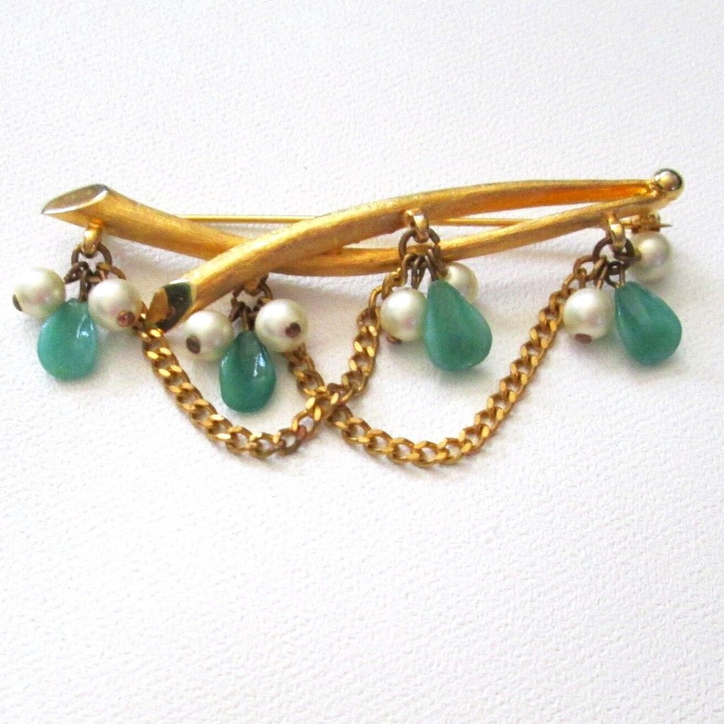 Vintage Kramer Goldtone Branch Pin Faux Jade Pearls Chains Signed Pin